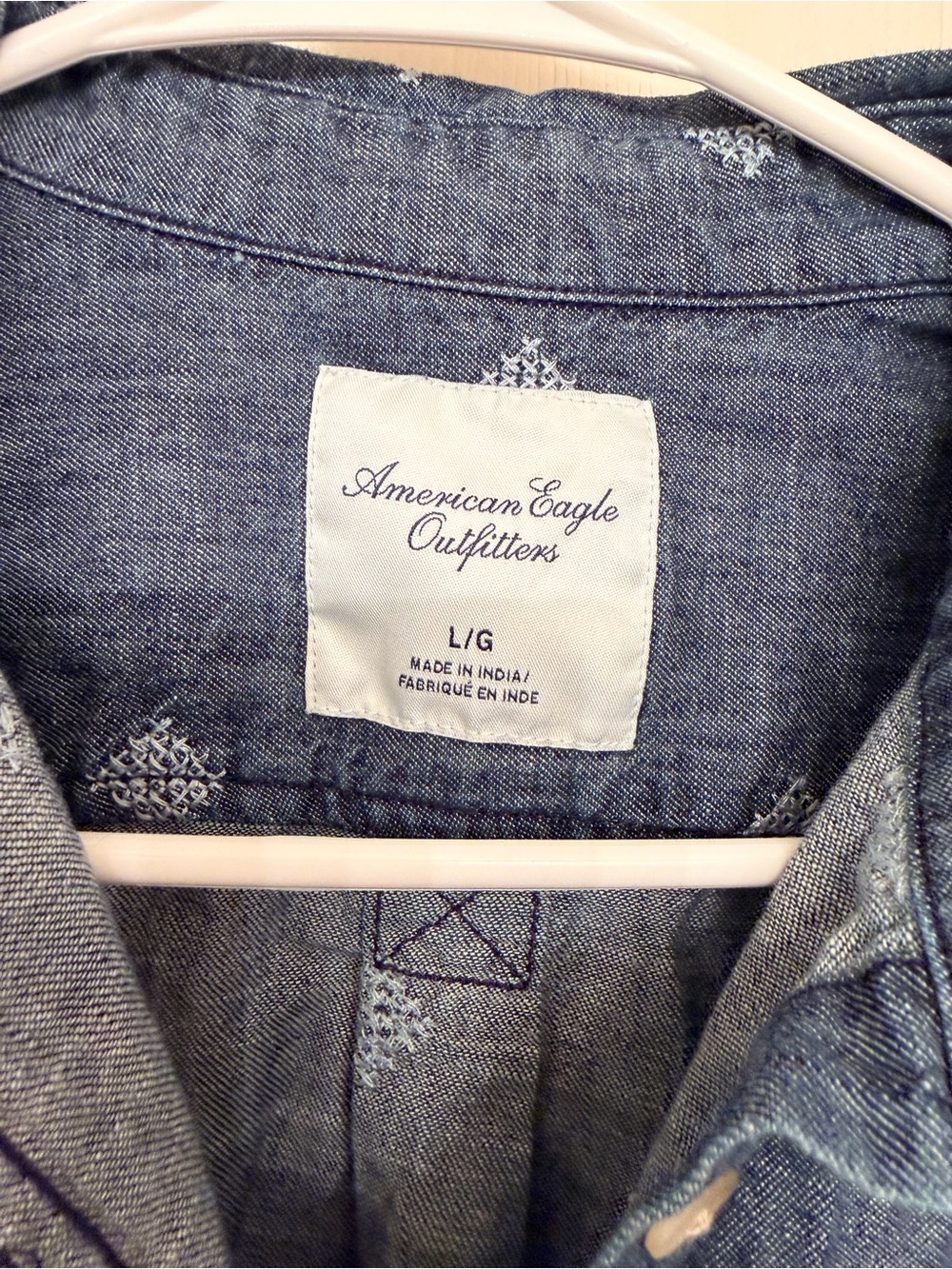 American Eagle Outfitters Chambray Button-Up Shirt in Blue with White Motifs - Picture 2 of 5